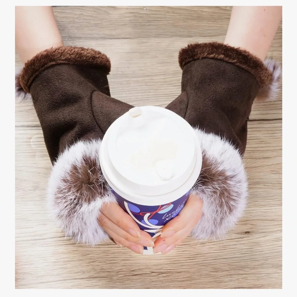 🆕 Women Faux Fur Fingerless Gloves Winter Warm Fuzzy Half Finger Mittens Womens